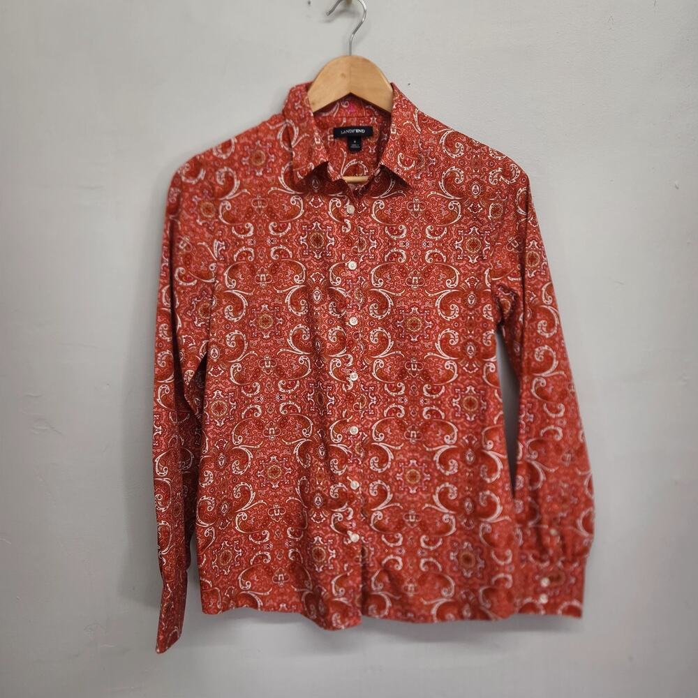 Lands' End Cotton Paisley Blouse Sz 8 Button Down Top